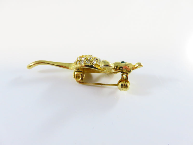 Running Mouse Lapel Brooch Pin Green Eyes Paved Rhinestone Body c1970's