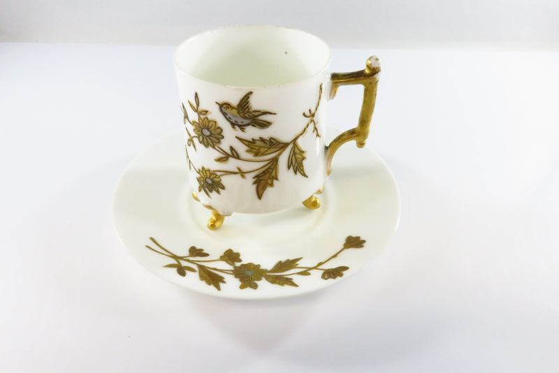 Small Tea Cup Coffee Cup and Saucer With Gilded Flowers Bird White & Gold