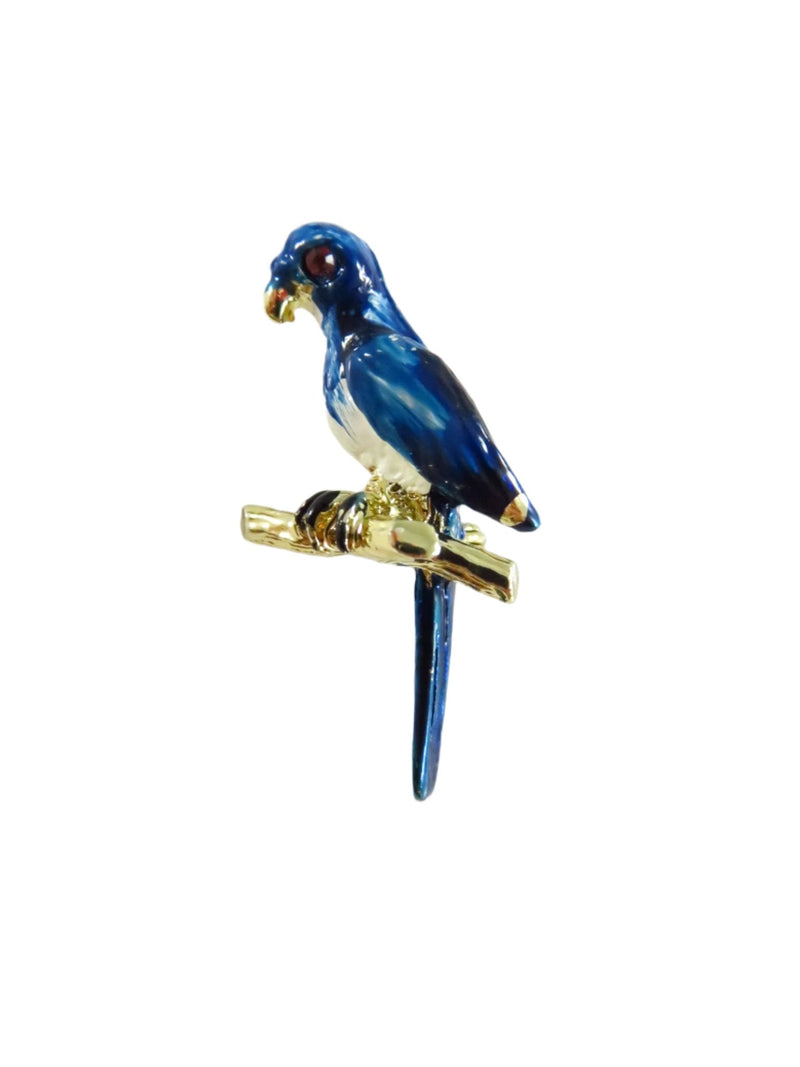 Blue White Enamel Parrot Lapel Pin Red Eye Gold Tone c1970's Bird Brooch — Gold, Enamel — front view