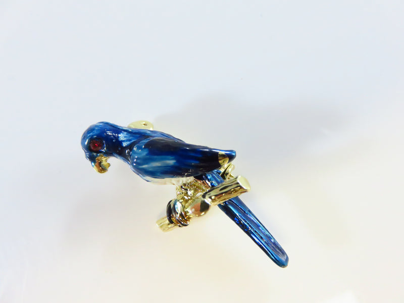 Blue White Enamel Parrot Lapel Pin Red Eye Gold Tone c1970's Bird Brooch