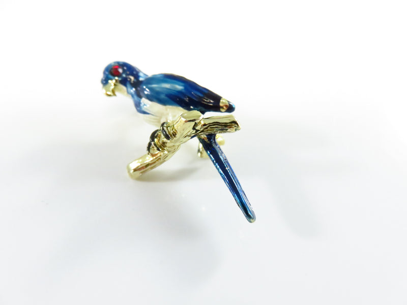 Blue White Enamel Parrot Lapel Pin Red Eye Gold Tone c1970's Bird Brooch