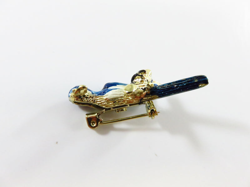 Blue White Enamel Parrot Lapel Pin Red Eye Gold Tone c1970's Bird Brooch