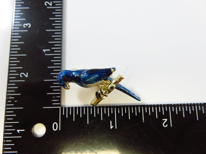 Blue White Enamel Parrot Lapel Pin Red Eye Gold Tone c1970's Bird Brooch