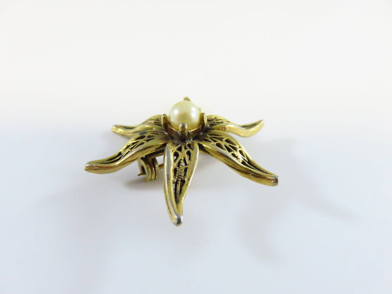 Filigree Style Vintage Flower Form Lapel Pin Faux Pearl by Tacoa