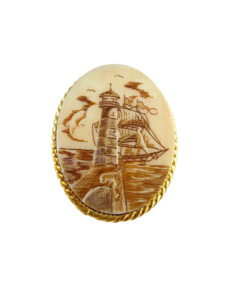 Cellulite Scrimshaw Lighthouse and Tall Sail Ship Pendant Brooch Gilded Frame