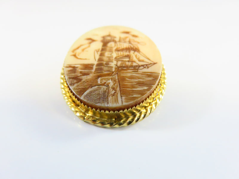 Cellulite Scrimshaw Lighthouse and Tall Sail Ship Pendant Brooch Gilded Frame