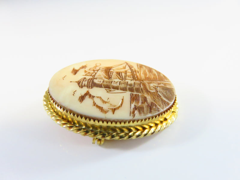 Cellulite Scrimshaw Lighthouse and Tall Sail Ship Pendant Brooch Gilded Frame