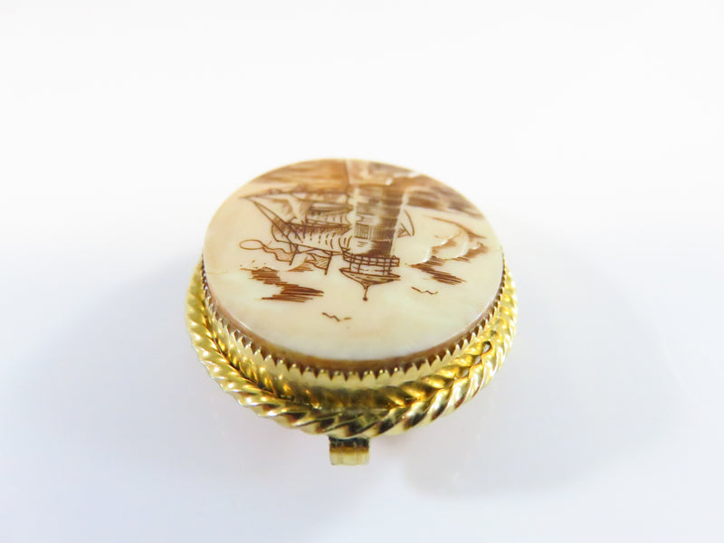 Cellulite Scrimshaw Lighthouse and Tall Sail Ship Pendant Brooch Gilded Frame