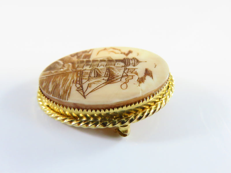 Cellulite Scrimshaw Lighthouse and Tall Sail Ship Pendant Brooch Gilded Frame