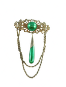 Vintage Silver Tone Pierced Metal Green Faux Pearls Pin Brooch with Chain Swag — Silver • Pearl — front view