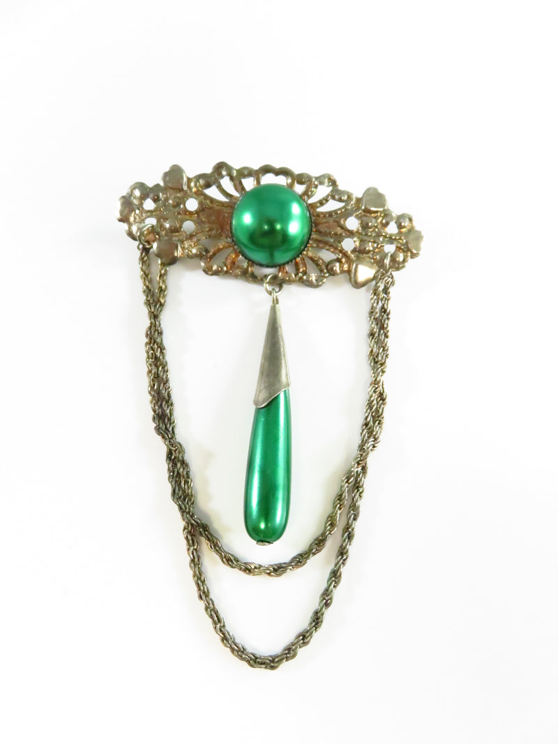 Vintage Silver Tone Pierced Metal Green Faux Pearls Pin Brooch with Chain Swag