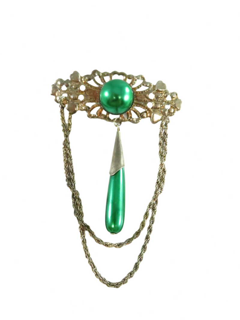 Vintage Silver Tone Pierced Metal Green Faux Pearls Pin Brooch with Chain Swag