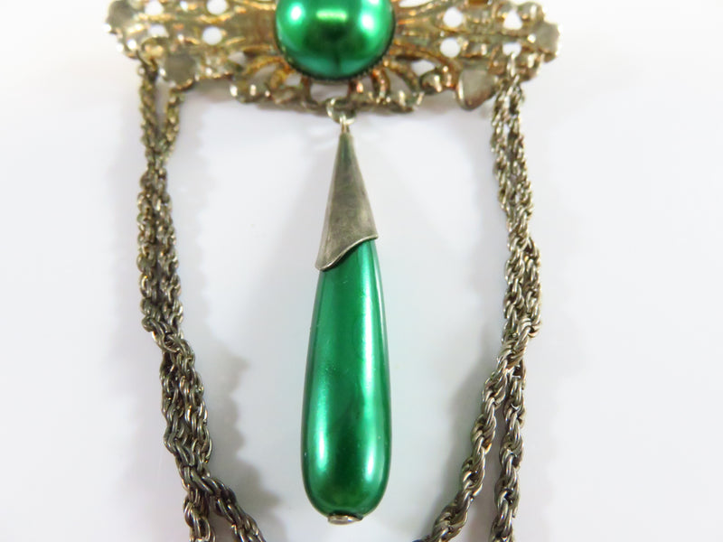 Vintage Silver Tone Pierced Metal Green Faux Pearls Pin Brooch with Chain Swag