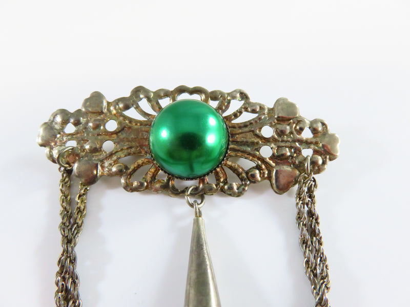 Vintage Silver Tone Pierced Metal Green Faux Pearls Pin Brooch with Chain Swag