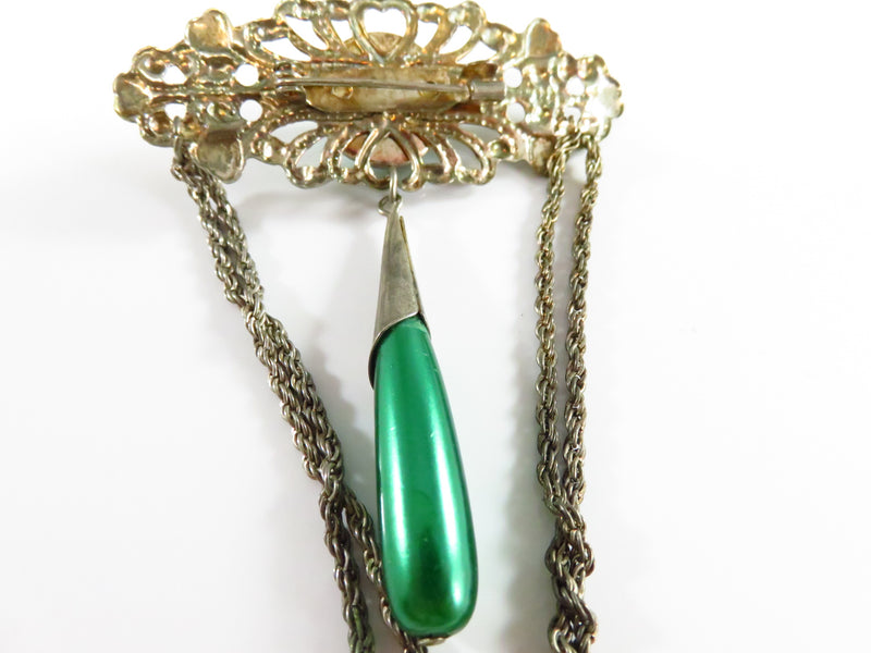 Vintage Silver Tone Pierced Metal Green Faux Pearls Pin Brooch with Chain Swag