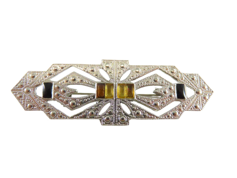 Art Deco Style Die Cut White Metal Yellow Black Enamel Brooch Pin — Silver, Enamel — front view