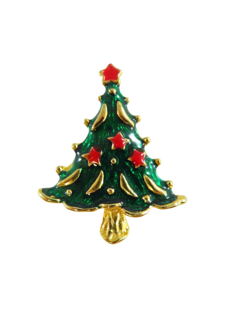 Christmas Tree Brooch Gold Tone Rich Green and Red Enameling 1 3/4"