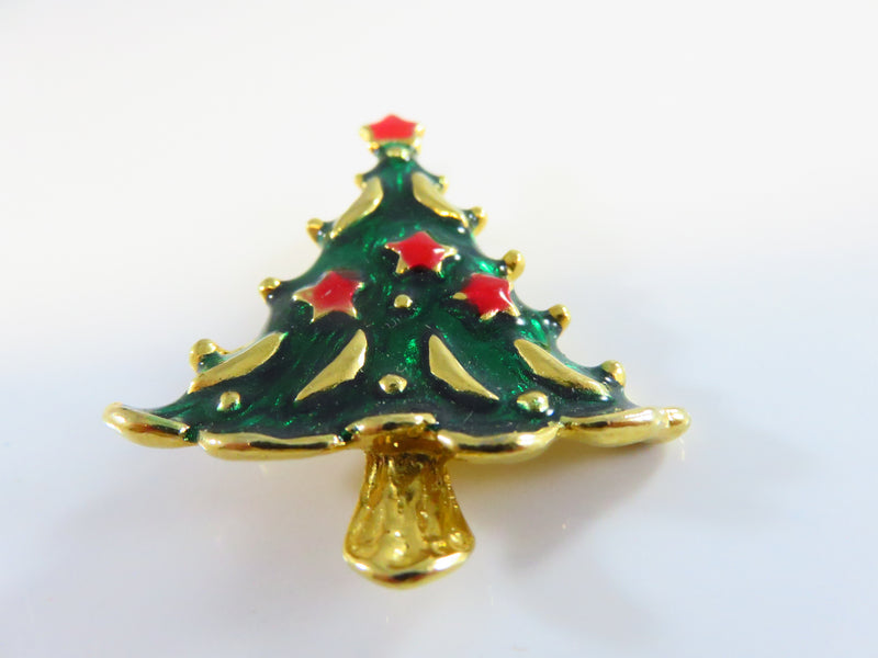 Christmas Tree Brooch Gold Tone Rich Green and Red Enameling 1 3/4"