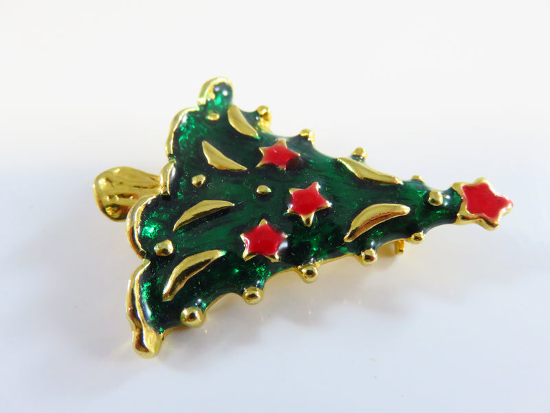 Christmas Tree Brooch Gold Tone Rich Green and Red Enameling 1 3/4"