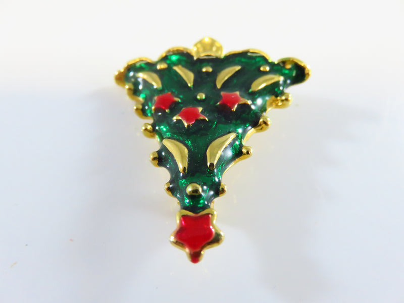 Christmas Tree Brooch Gold Tone Rich Green and Red Enameling 1 3/4"