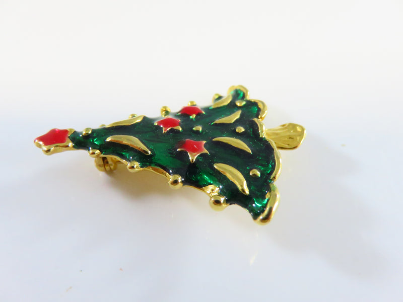 Christmas Tree Brooch Gold Tone Rich Green and Red Enameling 1 3/4"