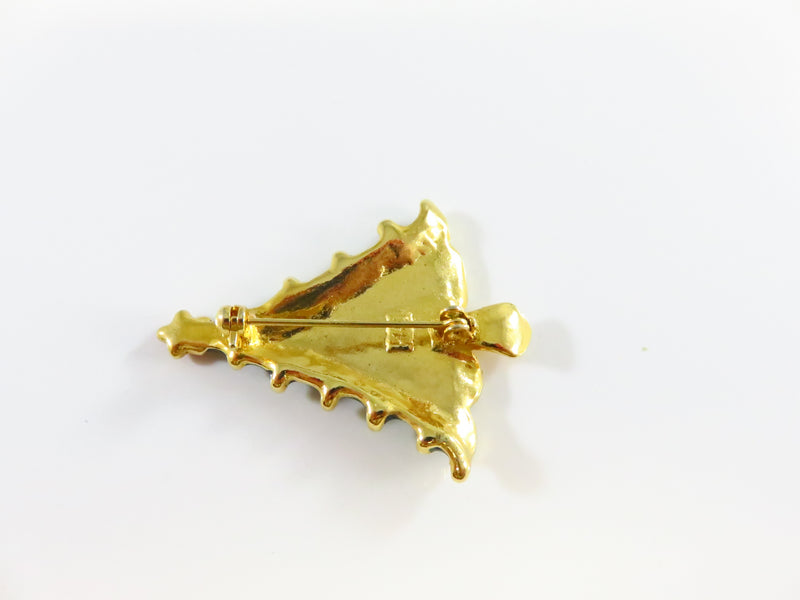 Christmas Tree Brooch Gold Tone Rich Green and Red Enameling 1 3/4"