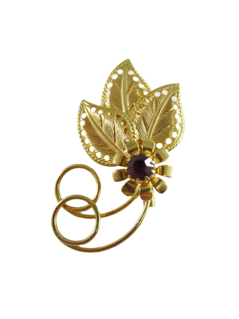 Vintage Swirling Pierced Leaf Brooch with Purple Rhinestone Pierced Leaves — Gold — front view