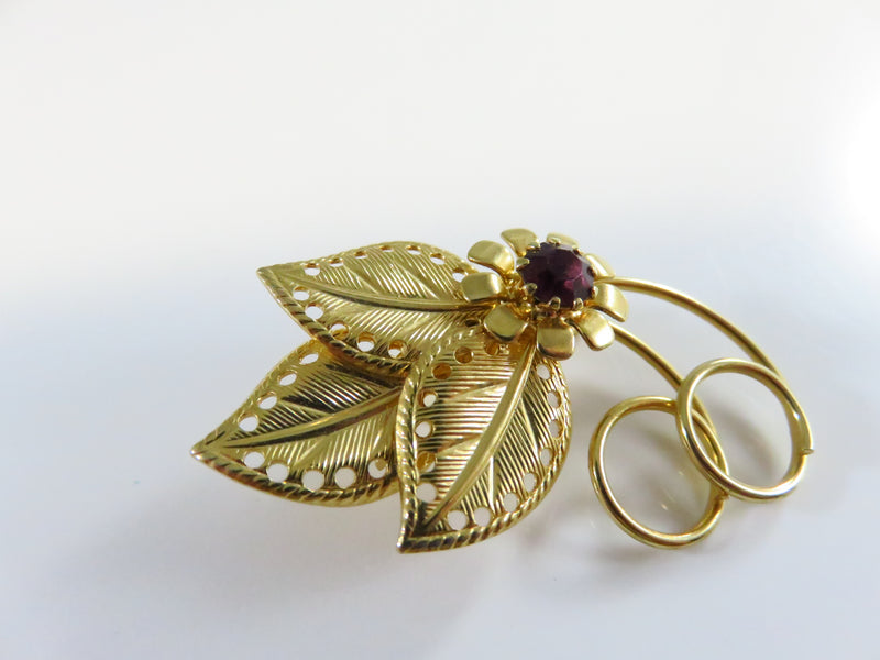 Vintage Swirling Pierced Leaf Brooch with Purple Rhinestone Pierced Leaves