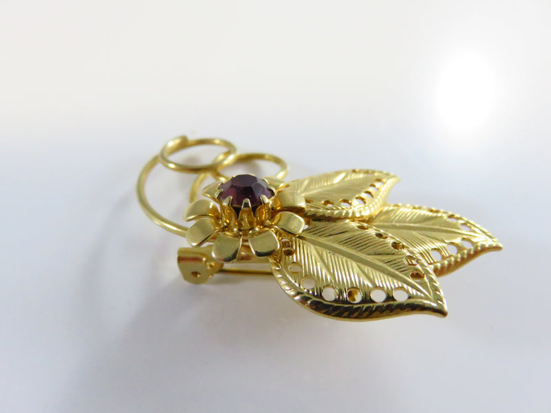 Vintage Swirling Pierced Leaf Brooch with Purple Rhinestone Pierced Leaves