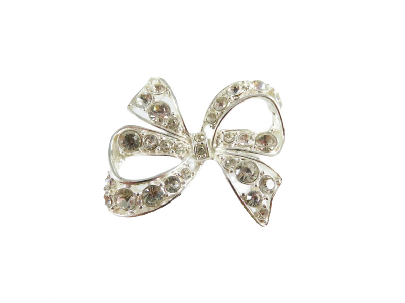 Rhinestone Bow Pin Silver Tone Bow with Safety Latch 1 1/2" x 1 1/2"