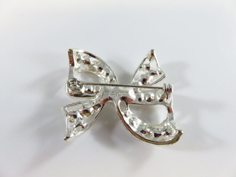 Rhinestone Bow Pin Silver Tone Bow with Safety Latch 1 1/2" x 1 1/2"