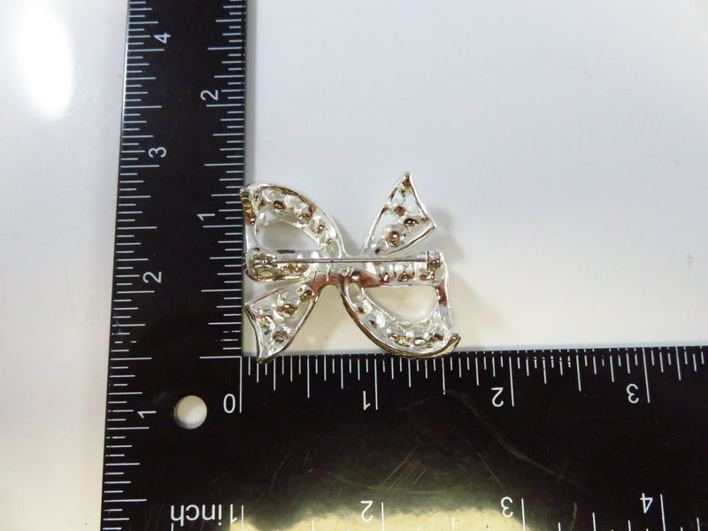 Rhinestone Bow Pin Silver Tone Bow with Safety Latch 1 1/2" x 1 1/2"