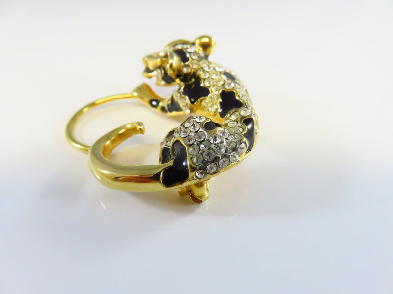 Vintage Black Enamel Paved Rhinestone Leopard Charm Brooch Gold Tone