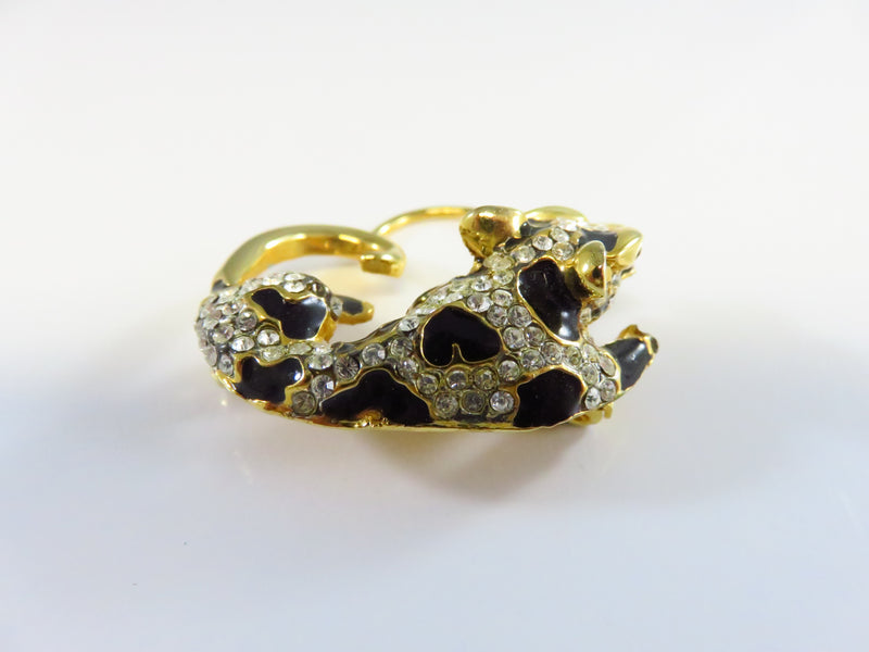 Vintage Black Enamel Paved Rhinestone Leopard Charm Brooch Gold Tone