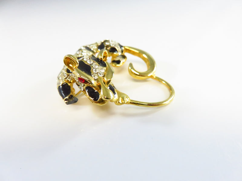 Vintage Black Enamel Paved Rhinestone Leopard Charm Brooch Gold Tone