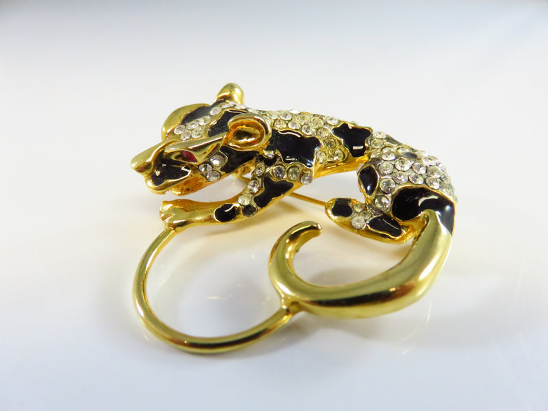 Vintage Black Enamel Paved Rhinestone Leopard Charm Brooch Gold Tone