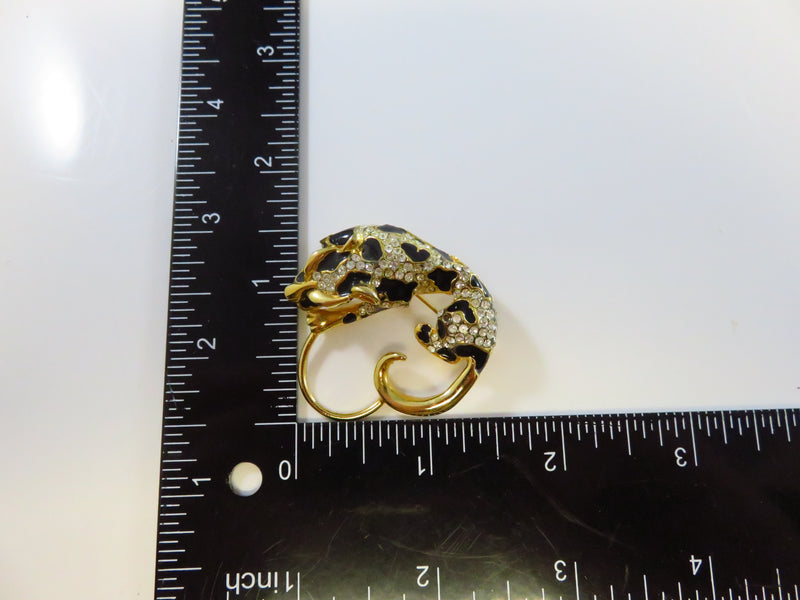 Vintage Black Enamel Paved Rhinestone Leopard Charm Brooch Gold Tone