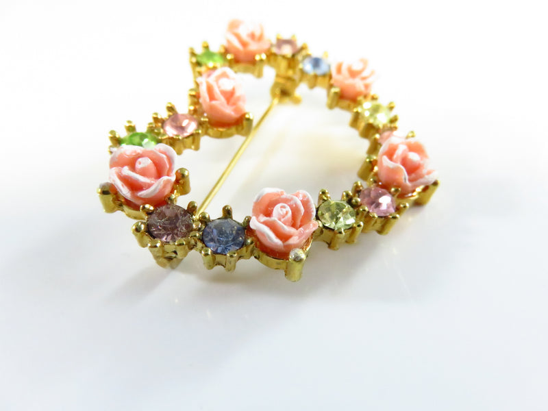 Avon Open Heart Brooch Rose Accented Rhinestone Heart Brooch 1 1/2"