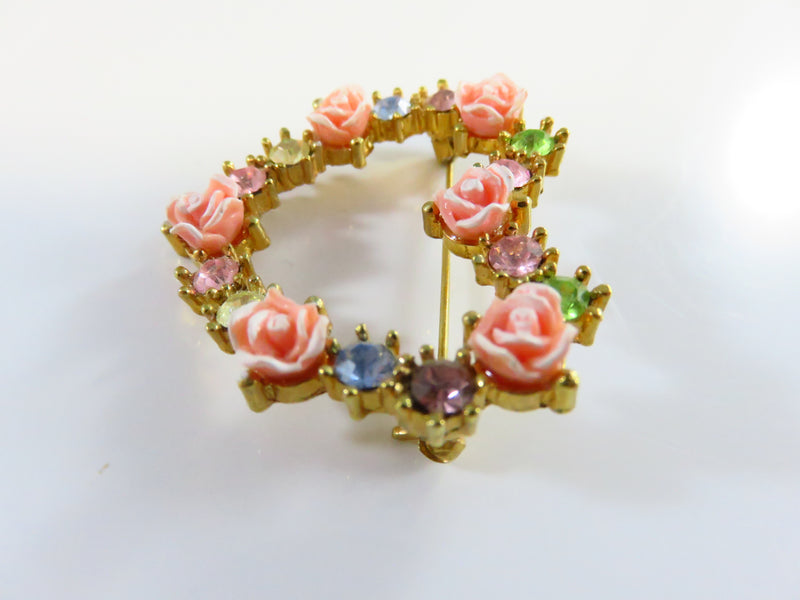 Avon Open Heart Brooch Rose Accented Rhinestone Heart Brooch 1 1/2"