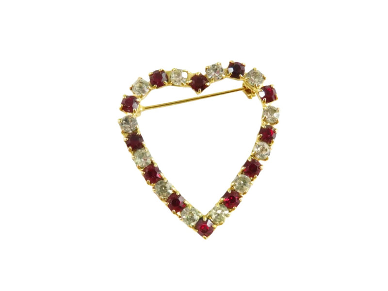 Heart Brooch With Red & White Rhinestone Surround in Gold Tone Setting