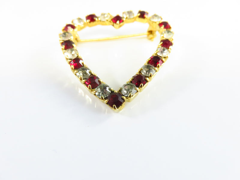 Heart Brooch With Red & White Rhinestone Surround in Gold Tone Setting