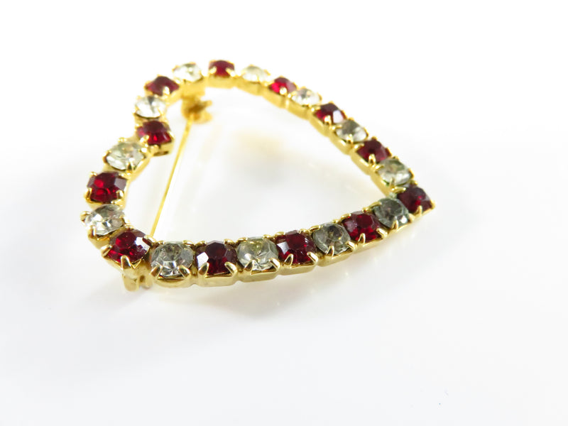 Heart Brooch With Red & White Rhinestone Surround in Gold Tone Setting