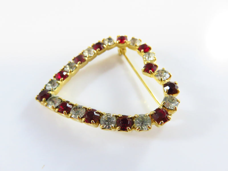 Heart Brooch With Red & White Rhinestone Surround in Gold Tone Setting