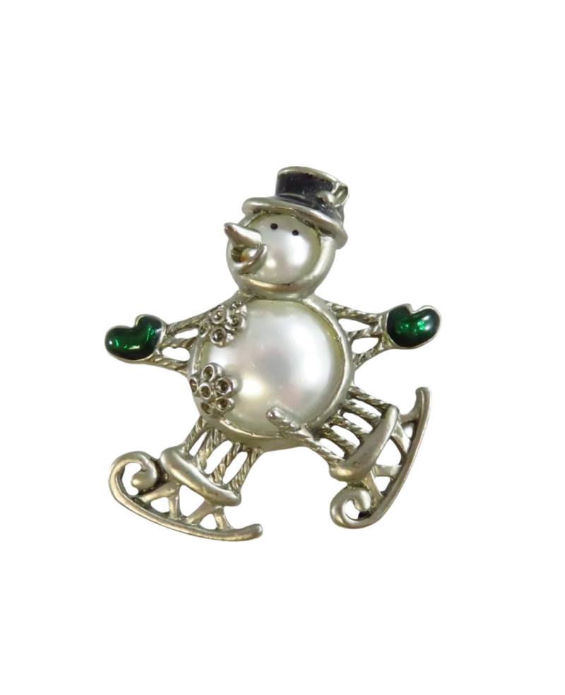 Ice Skating Snowman Brooch Jelly Belly Style Enameled Pewter Color Christmas Brooch — Enamel — front view
