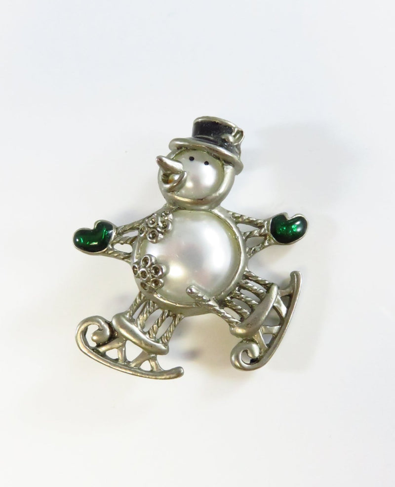 Ice Skating Snowman Brooch Jelly Belly Style Enameled Pewter Color Christmas Brooch