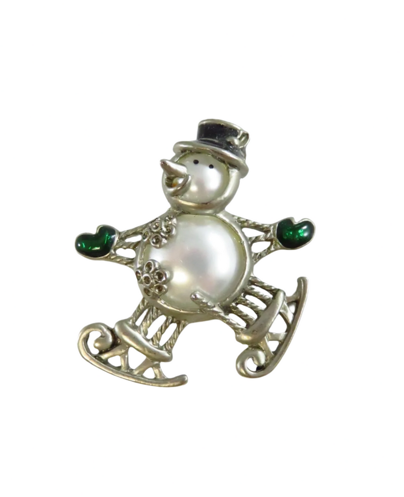 Ice Skating Snowman Brooch Jelly Belly Style Enameled Pewter Color Christmas Brooch