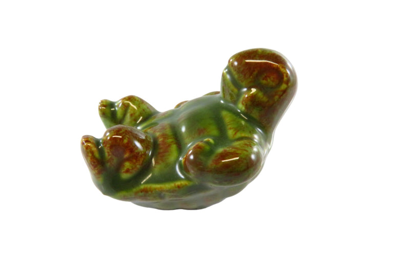Small Green Brown Turtle On His Back Ceramic Figurine