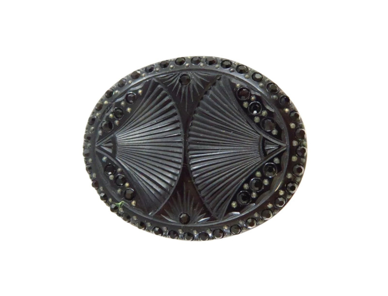 Art Deco Inspired Dual Fan Faceted Sparkling Plastic Oval Brooch Pin in Black — front view
