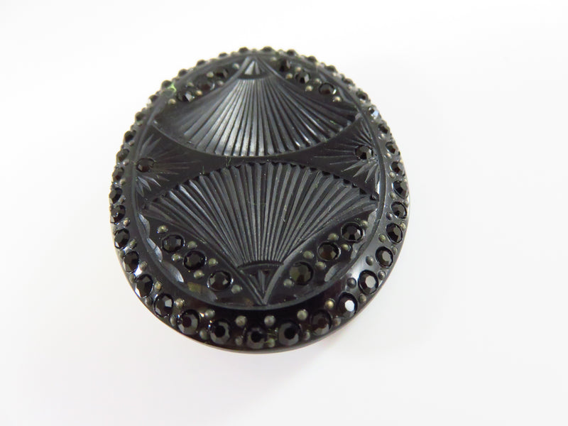 Art Deco Inspired Dual Fan Faceted Sparkling Plastic Oval Brooch Pin in Black