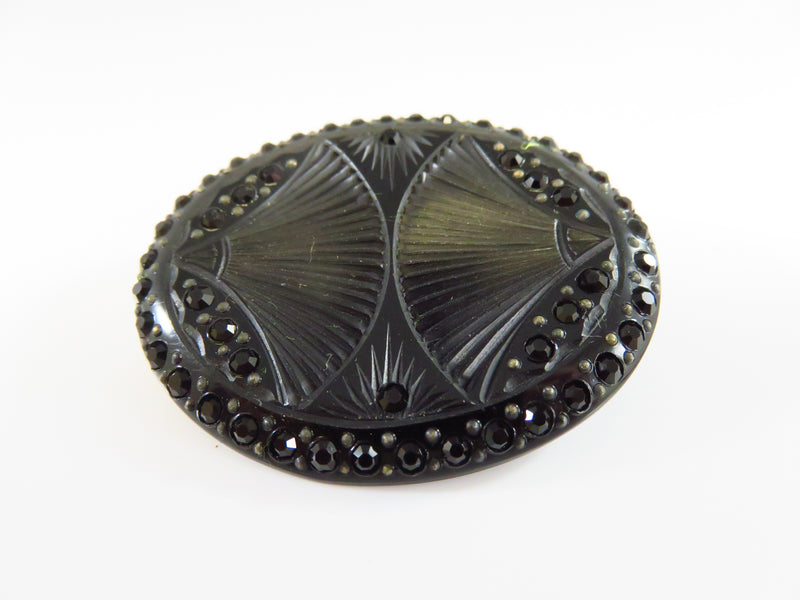 Art Deco Inspired Dual Fan Faceted Sparkling Plastic Oval Brooch Pin in Black